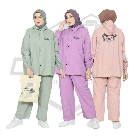 CELTICO Jas Hujan Wanita Aesthetic Lucu Pastel Stelan Celana Bahan Tebal Anti Rembes