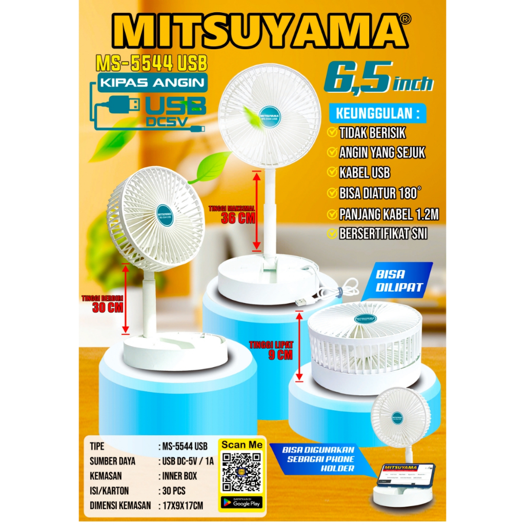 Kipas Angin Mini USB Meja Portable Mitsuyama MS-5544 Baterai 6,5"Inchi | Bergaransi 1 Tahun