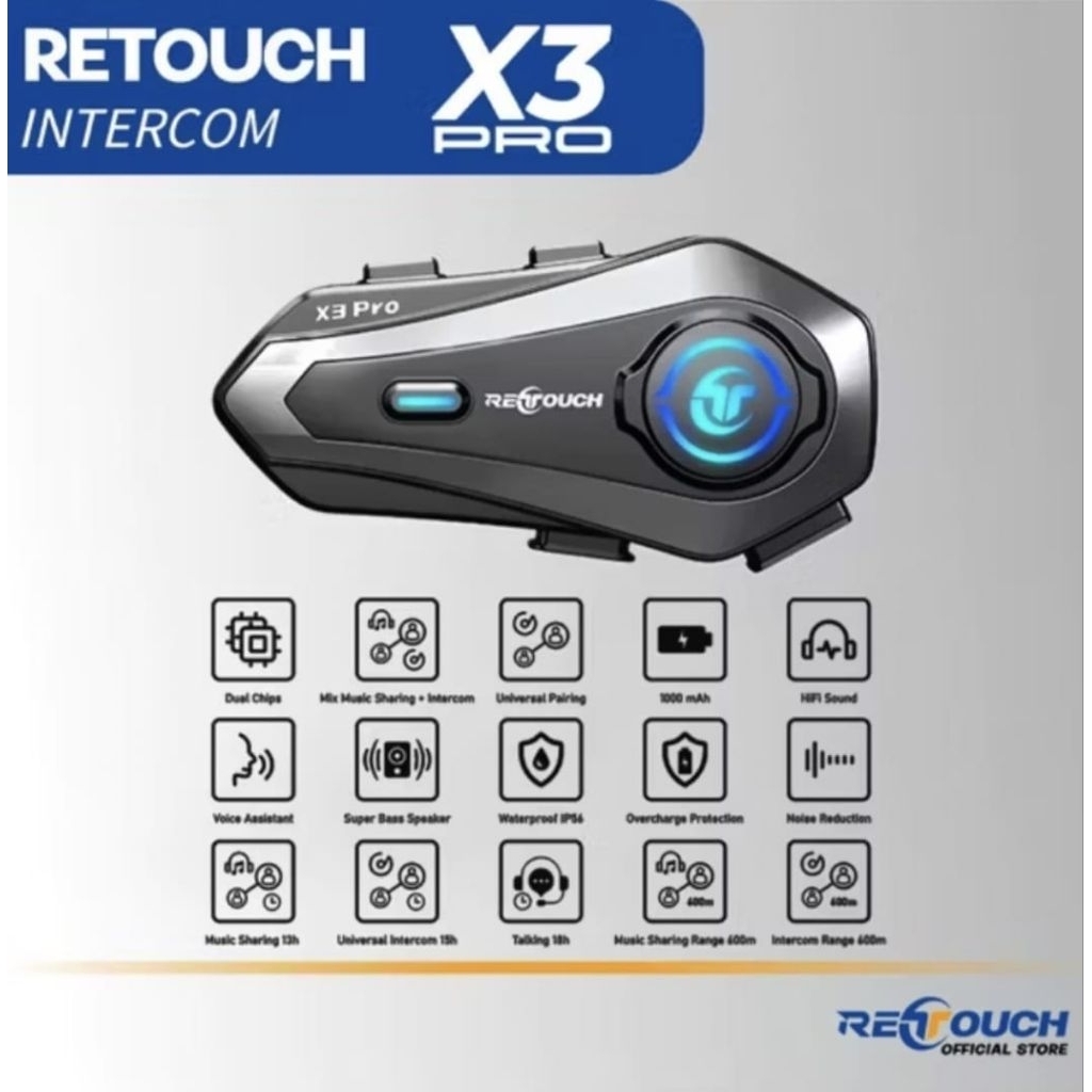 Jual RETOUCH X3 PRO Intercom Bluetooth Helmet | Call | Music Sharing ...