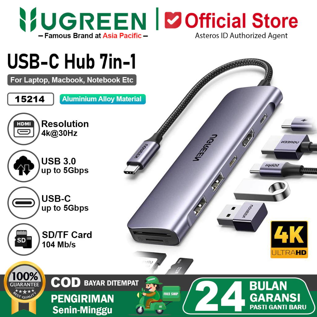 UGREEN USB C Hub 7 in 1 USB 3.0 HDMI SD TF Card 4K 30Hz Display 15214