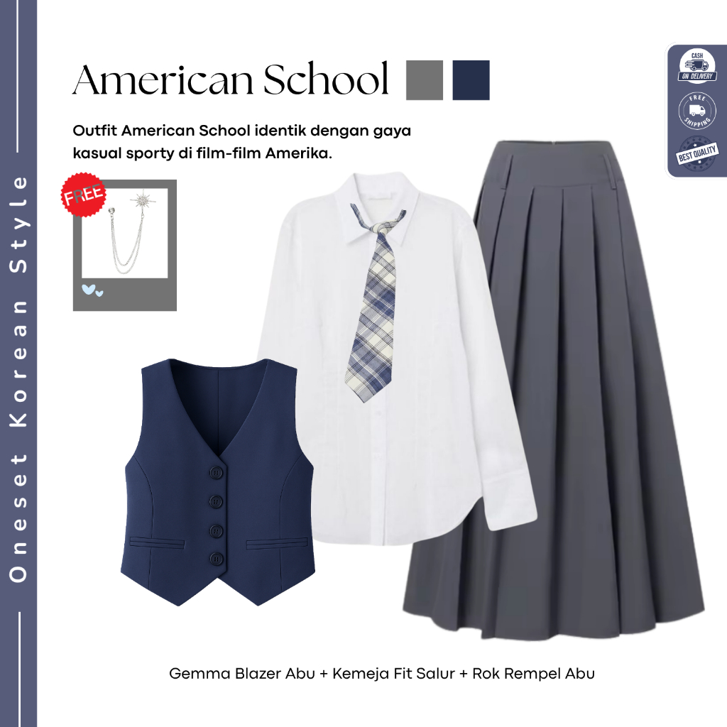 Jual American School Yearbook Outfit (Vest Basic + Kemeja Basic + Rok ...