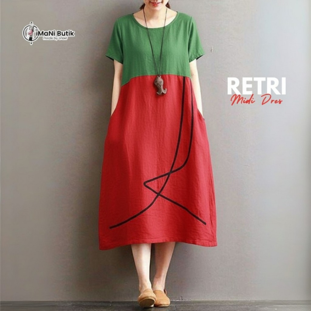 Jual Imani Butik - Midi Dress Retri Fashion Muslim (Model Polos Bahan Katun  Linen Lengan Pendek A Line) | Shopee Indonesia