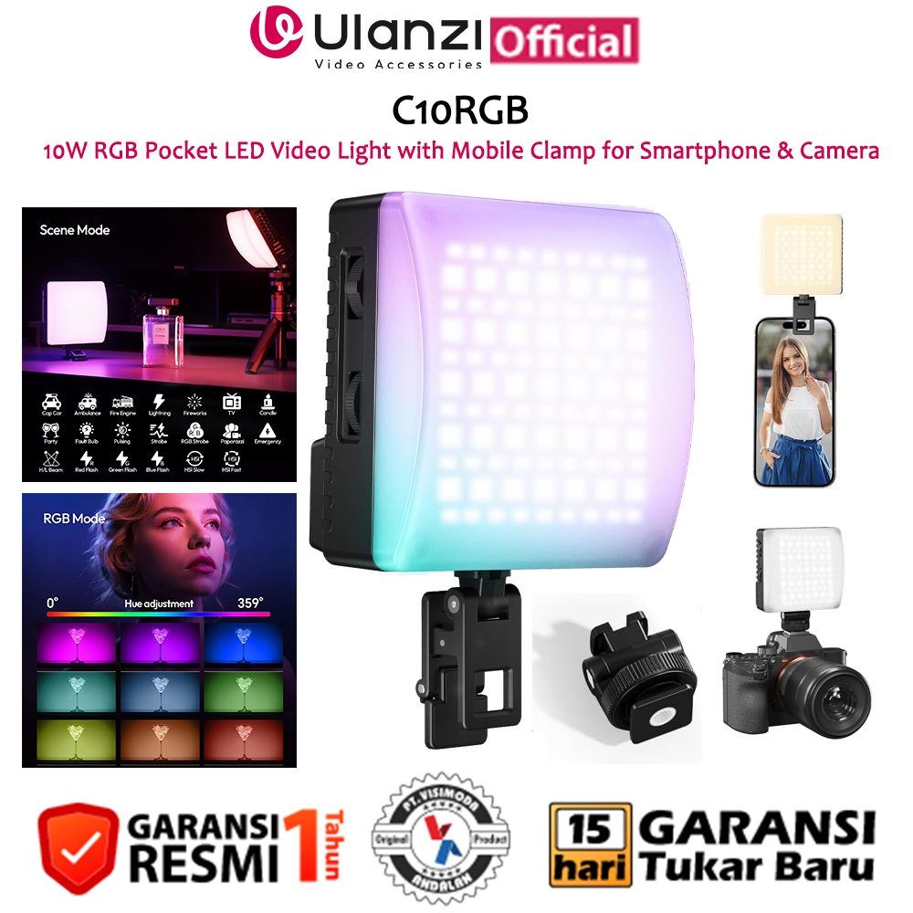 Jual Ulanzi C10RGB 10W RGB LED Video Light with Smartphone clamp for ...