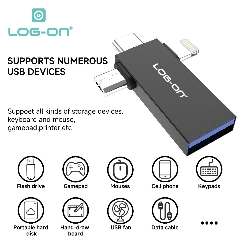 Jual LOG-ON 3 in1 OTG USB For Lightning, Type-C, Micro LO-OT17( bisa ...