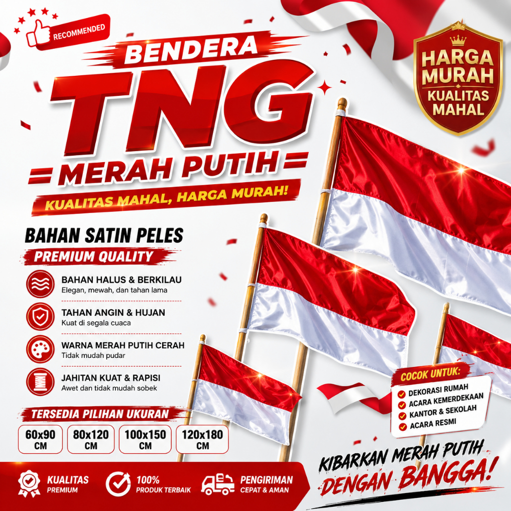 Bendera Merah Putih Premium Jahit Rapih | Bendera Indonesia HUT RI 17 Agustus | Ukuran 30x45 60x90 90x120 120x180