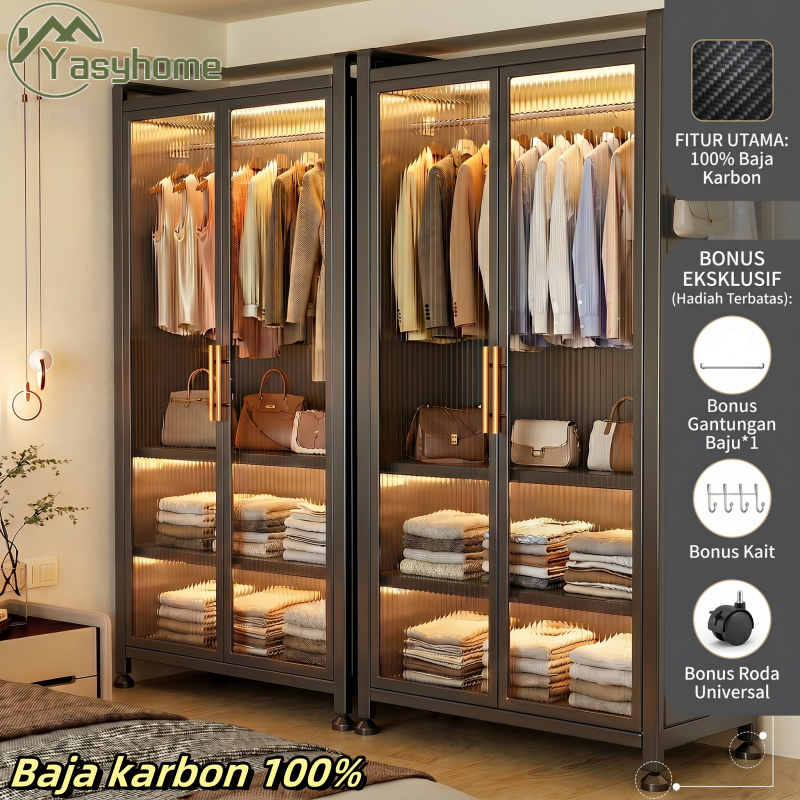 Baja Karbon 100% Wardrobe Lemari Pakaian Lemari Baju Besi Pintu Ganda Geser Minimalis Transparan Anti Karat Ruang Sempit Lemari Baju Besar Penyimpanan Luas ljc