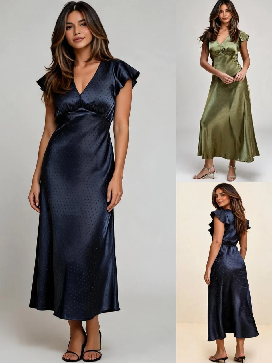 Maxi Dress Panjang Bahan Satin Mewah OLN Satin Flutter-Sleeve Dress - 2723