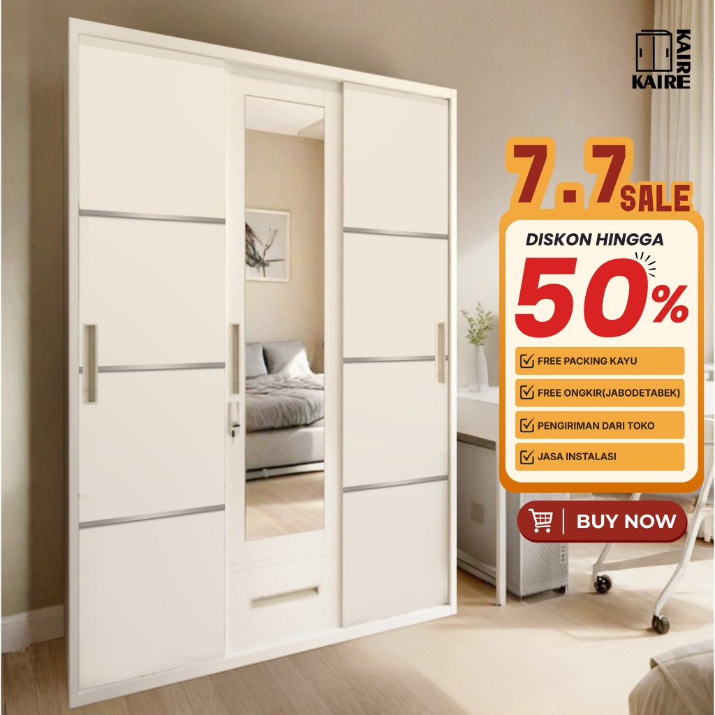 KAIRE  Lemari Pakaian Besi 3 Pintu Sliding Jumbo | 120cm 1 Laci+ 1 Batang Rak Baju