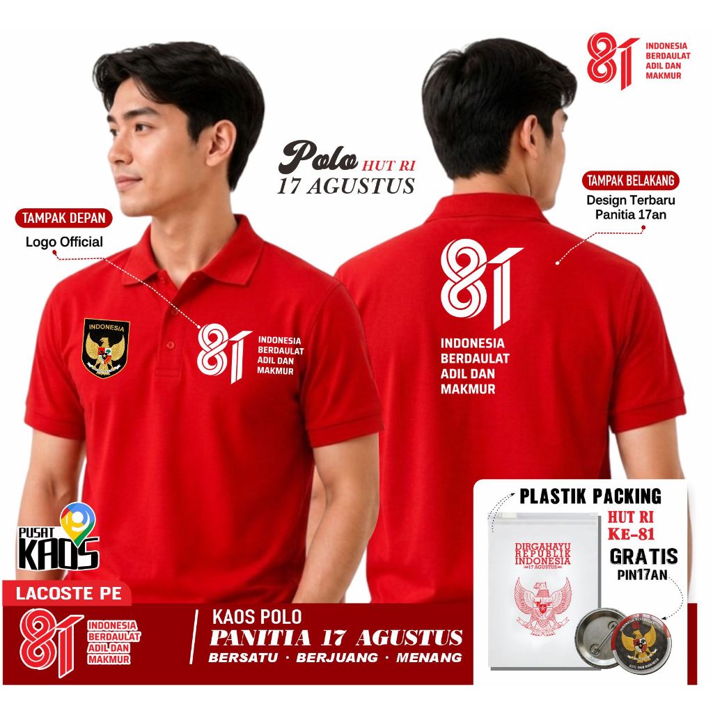 BAJU HUT RI KE-81 2026 KAOS POLO KEMERDEKAAN INDONESIA MERAH PUTIH LOGO RESMI OFFICIAL PANITIA 17 AGUSTUS LENGAN PENDEK PRIA WANITA FREE PIN KUALITAS PREMIUM