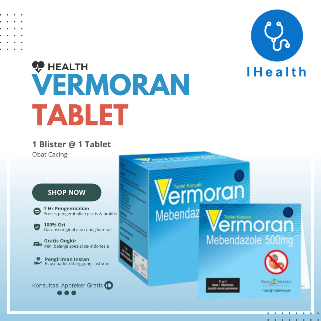 (Kemasan Hanya 1 Tablet {Kemasan memang Kosong Sebelah}) Vermoran Mebendazole 500mg-1 Strip 1 Tablet / Obat Cacing Kunyah / Infeksi Cacing / Cacing Kremi