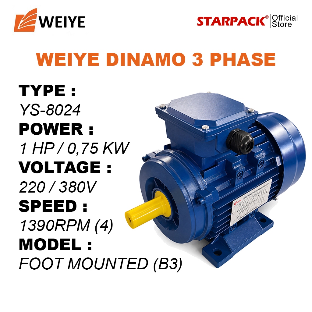 WEIYE Dinamo Listrik 1 HP / 0.75 KW 3 Phase 1390 RPM Electric Motor 4 Pole B3
