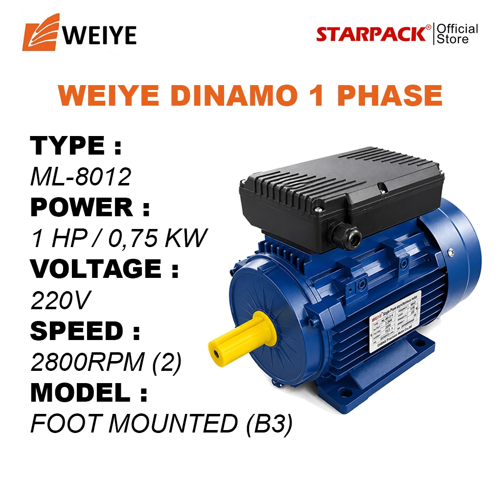 WEIYE Dinamo Listrik 1 HP / 0.75kW 1 Phase 2800 RPM Electric Motor 2 Pole B3