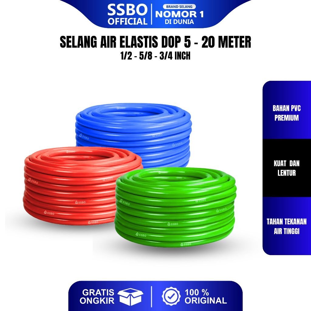 SSBO Selang Air Elastis Dop 5 - 20 Meter 1/2 5/8 3/4 Inch Selang Taman Perkebunan Tebal 1mm COD