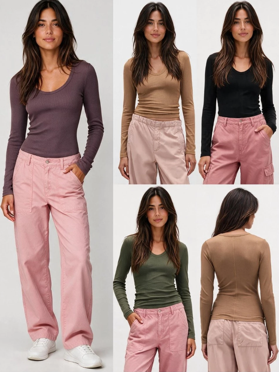 Kaos Lengan Panjang Wanita Bahan Katun Rib  GP Ribbed Scoop-V-Neck Long-Sleeve Tee - 2843