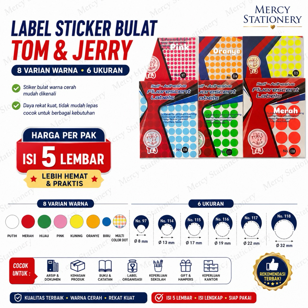 Jual Label Stiker Bulat Warna 97 & 114 Reward Sticker Putih Tom Jerry ...