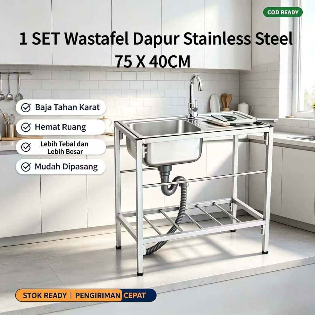 COD SUS304 Paket Bak Cuci Piring+Rak Sink Dudukan Baja Tahan Karat/ Wastafel Dapur Stainless Sink/Kitchen Sink Set 75*40cm Ready Stock