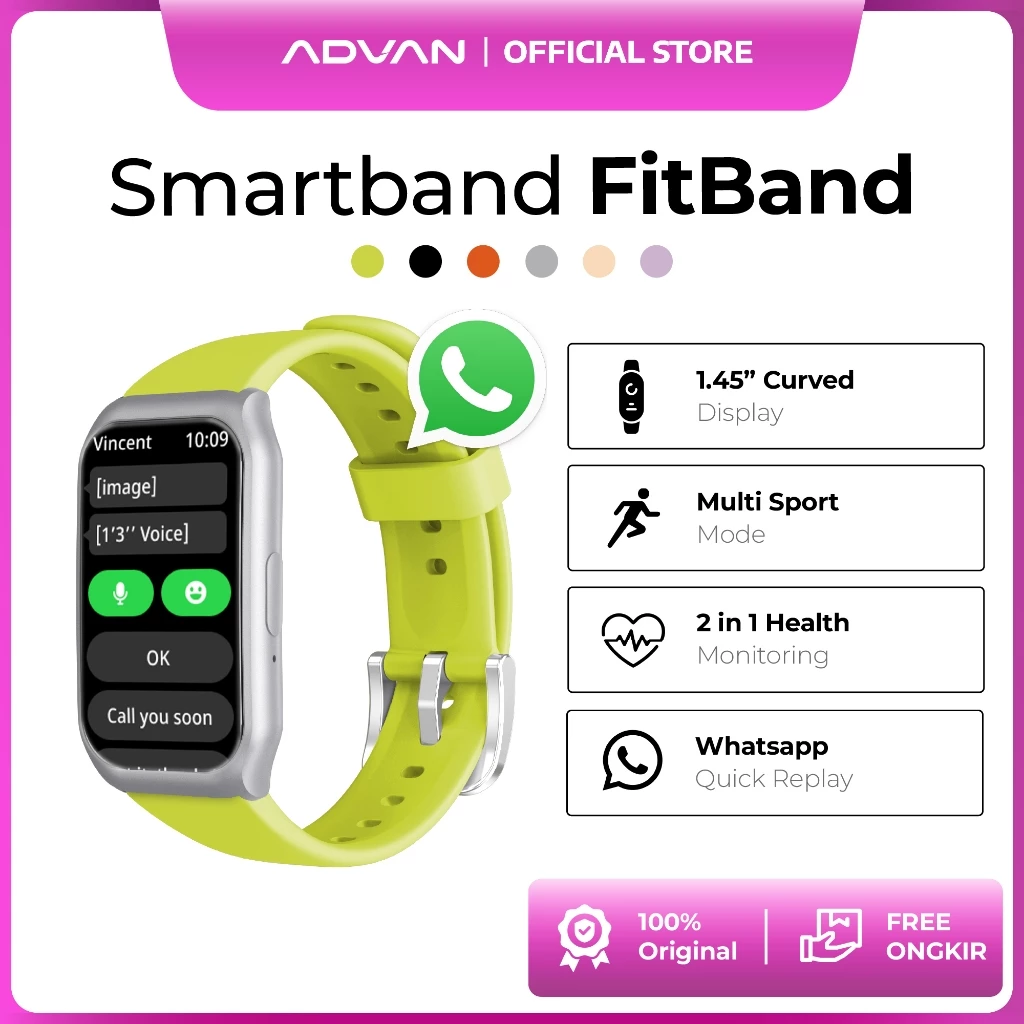 ADVAN Fit Band smartband pintar layar 1.45 inci warna hitam melingkar di pergelangan tangan