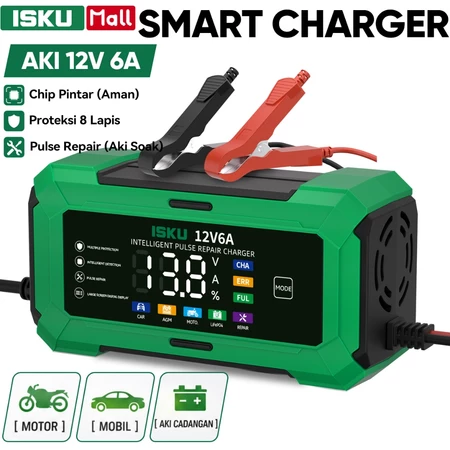 ISKU Charger Aki Mobil Motor 12V 6A Alat Cas Baterai Kering Basah AGM LiFePO4 Smart Casan Layar Digital Otomatis Auto Stop Penuh Servis Aki Soak Tekor Pulse Repair Otomotif Bengkel Perawatan Kendaraan Anti Korslet Setrum Heavy Duty Awet