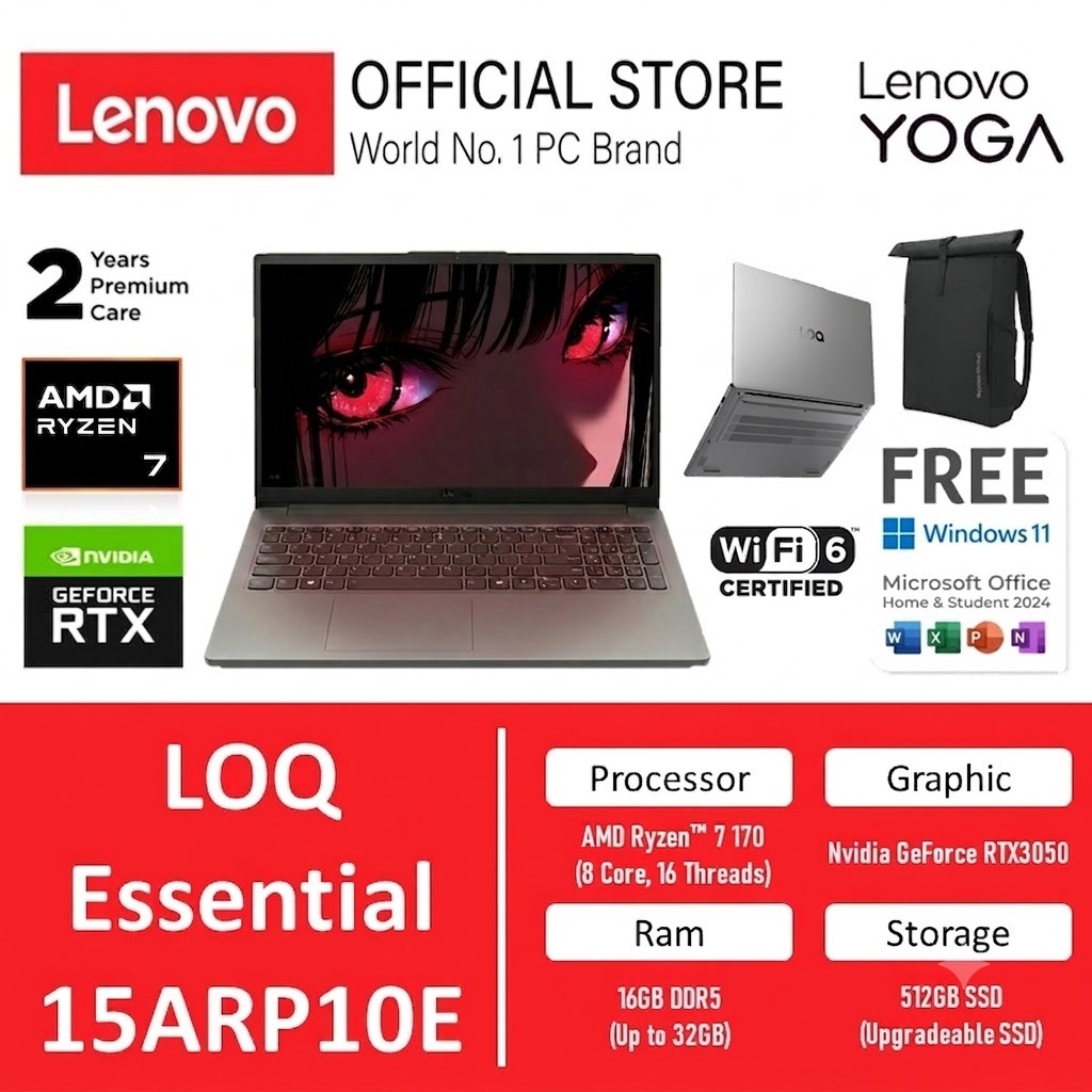 Lenovo LOQ Essential 15ARP10E 2026 AMD Ryzen 7 170 RTX 3050 6GB Ram 32GB Storage 1TB SSD Windows 11 + Office 15.6 Inch FHD 144Hz 100sRGB D1ID