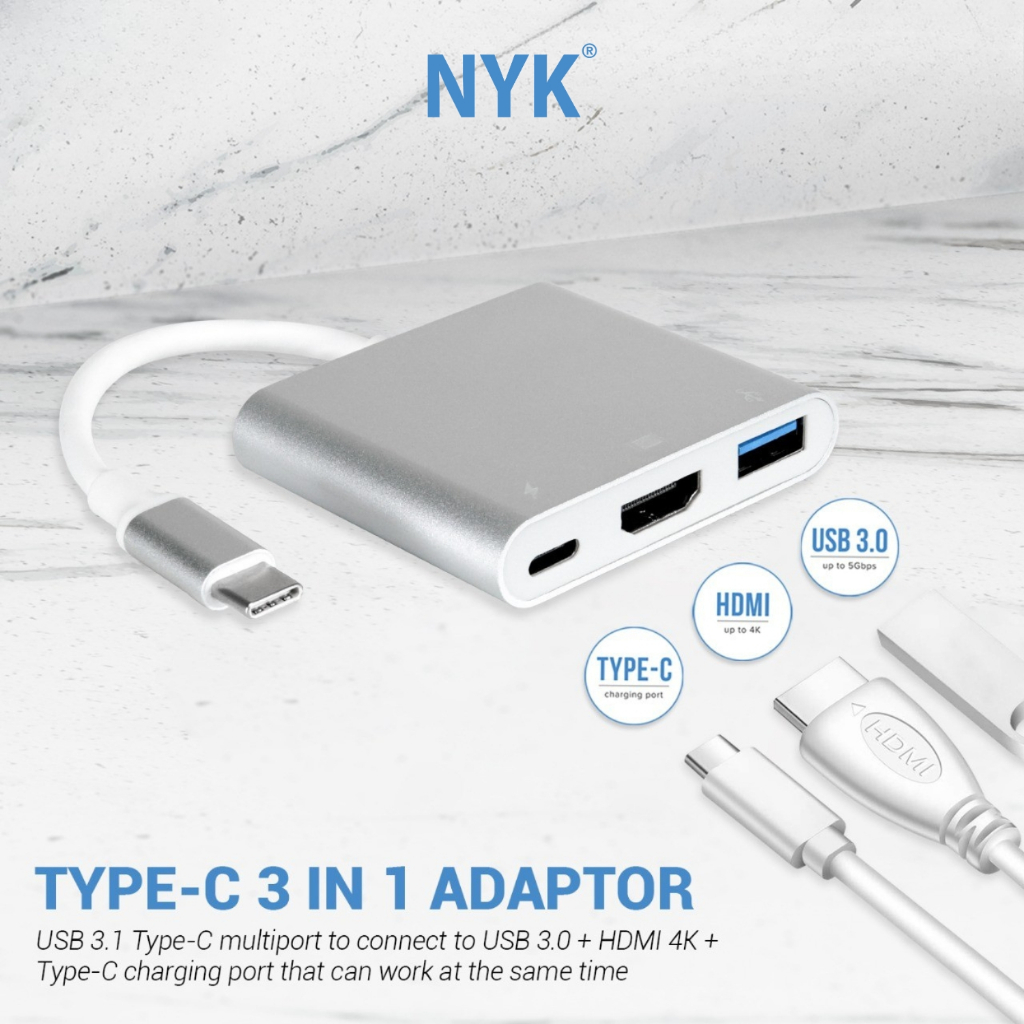 NYK Converter 3 in 1  USB HUB 3.0 Type C to HDMI 4K COD HUB bergaransi Docking Station Data transfer Mobile phone macbook android iphone ipad tab MHL (3)