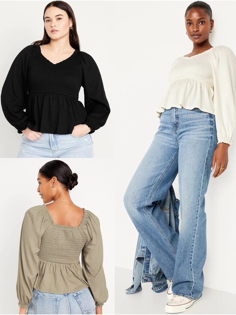 Atasan Lengan Panjang Wanita OLN Long-Sleeve Smocked Peplum Top - 2971