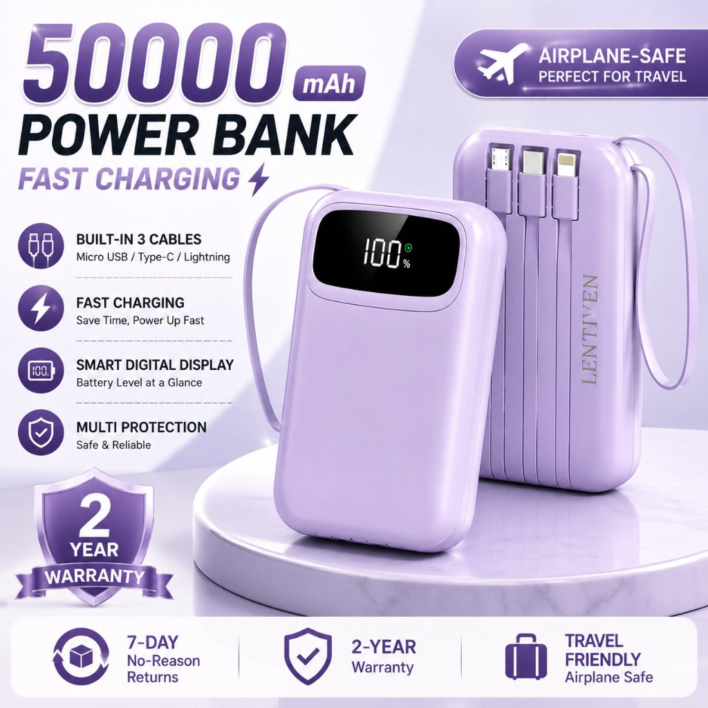 LIANGWE PowerBank 50000mAh Fast Charging 22.5W Slim Mini 4 Kabel USB Digital Display Flashlight Type C Micro iPhone GARANSI 2 TAHUN YM931