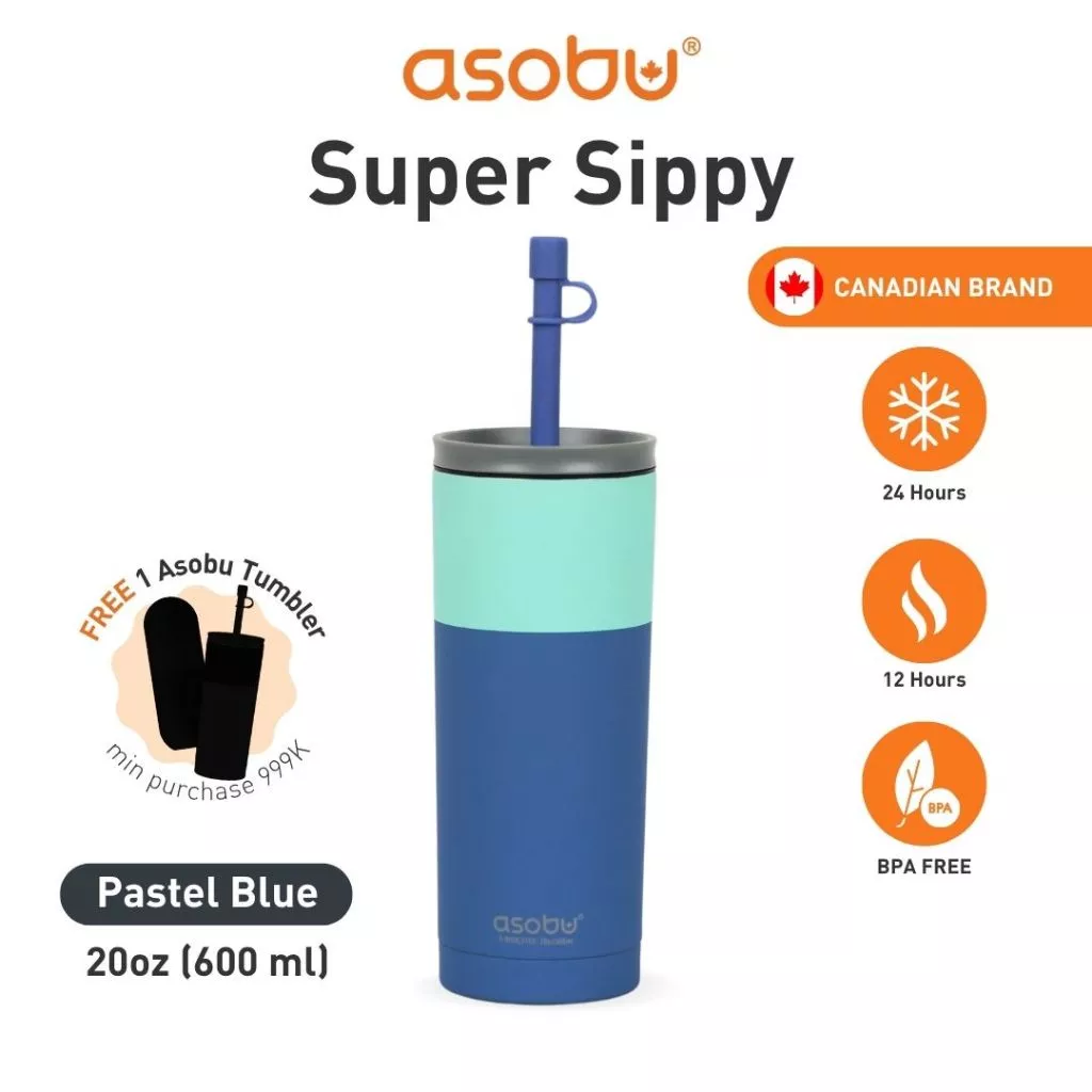 ASOBU Super Sippy - Botol Minum / Tumbler / Termos Stainless Steel 600ML - Pastel Blue - foto 1