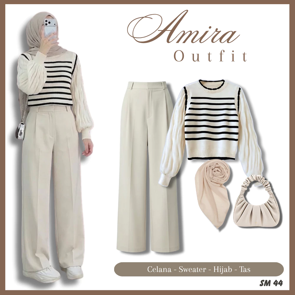 4IN1 Outfit Wanita Kekinian Korean Style ( Blouse Rajut + Celana + Hijab + Tas ) Setelan OOTD Remaja | Dewasa || SM 44