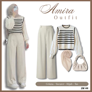 4IN1 Outfit Wanita Kekinian Korean Style ( Blouse Rajut + Celana + Hijab + Tas ) Setelan OOTD Remaja | Dewasa || SM 44