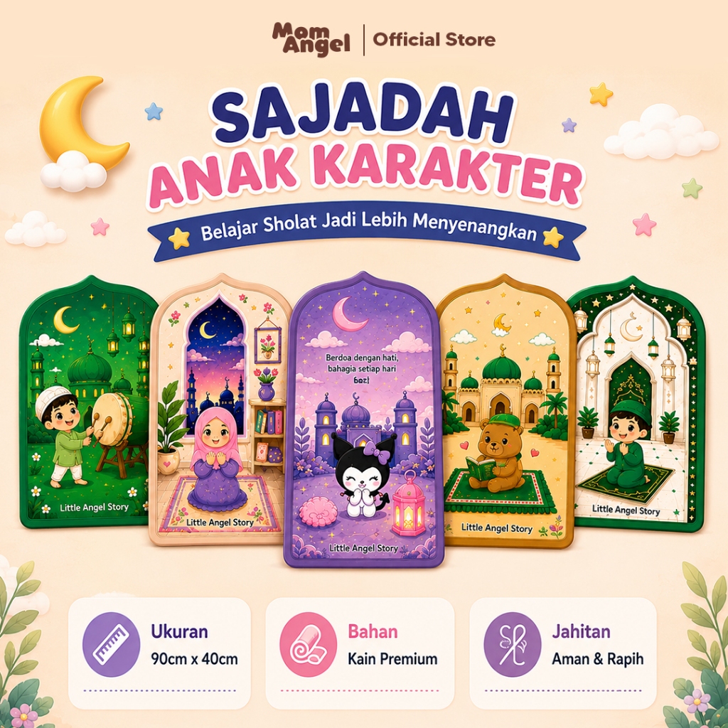 Sajadah Anak Karakter Islami Sholat Sajadah Travel Ngaji Shalat Premium Prayer Mat Kids Hadiah Kado Souvenir Hari Raya Lebaran Ramadhan Ultah Sajadah Anak Laki Perempuan TK SD Paud Tebal Anti Slip Kain Halus Busa Empuk Anti Licin