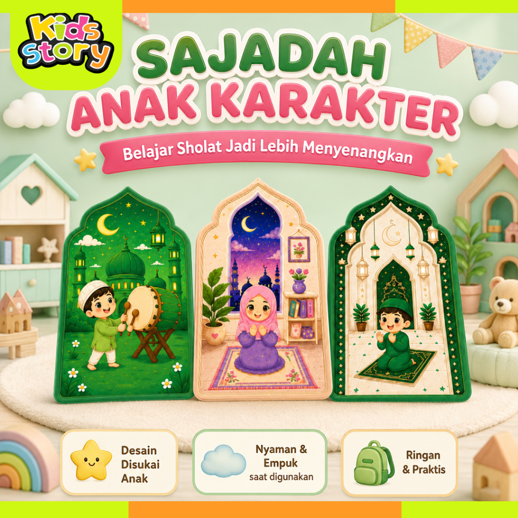 Sajadah Anak Karakter Islami Sholat Sajadah Travel Ngaji Shalat Premium Prayer Mat Kids Hadiah Kado Souvenir Hari Raya Lebaran Ramadhan Ultah Sajadah Anak Laki Perempuan TK SD Paud Tebal Anti Slip Kain Halus Busa Empuk Anti Licin