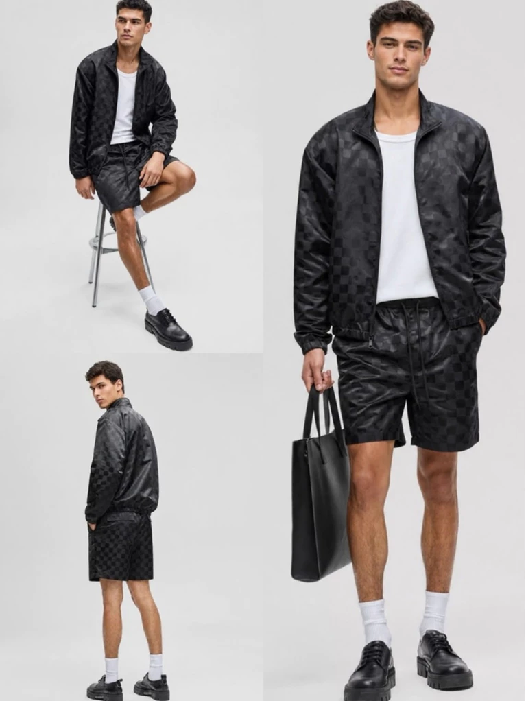 Jaket Pria MO Men's Check Jacquard Relaxed-Fit Track Jacket - 2932