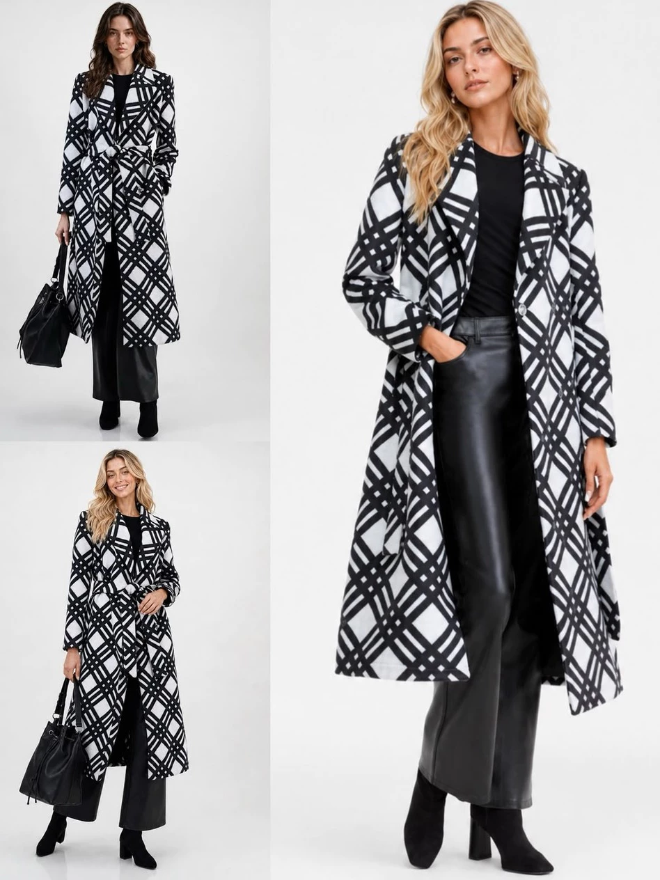 Jaket Panjang Long Coat Wanita INC Women's Belted Plaid Coat - 3071