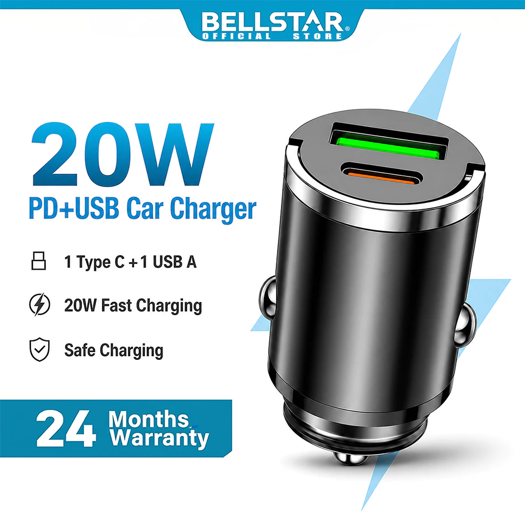 BELLSTAR Charger Mobil Mini 20W PD USB Type C Dual Port Fast Charging Car Charger Flush Fit Low Profile untuk iPhone Samsung Xiaomi Redmi Infinix Oppo Vivo Realme HP Android Powerbank Adaptor Cas Mobil Compact Universal 12V 24V Kepala Charger Mobil