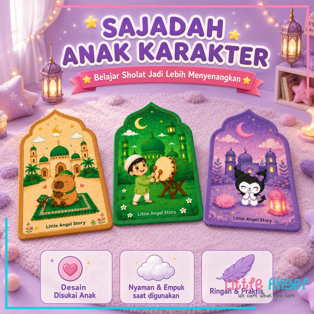 Sajadah Anak Travel Ngaji Shalat Sajadah Karakter Islami Sholat Premium Prayer Mat Kids Sajadah Anak Laki Perempuan TK SD Paud Tebal Anti Slip Kain Halus Busa Empuk Anti Licin Hadiah Kado Souvenir Hari Raya Lebaran Ramadhan Ultah