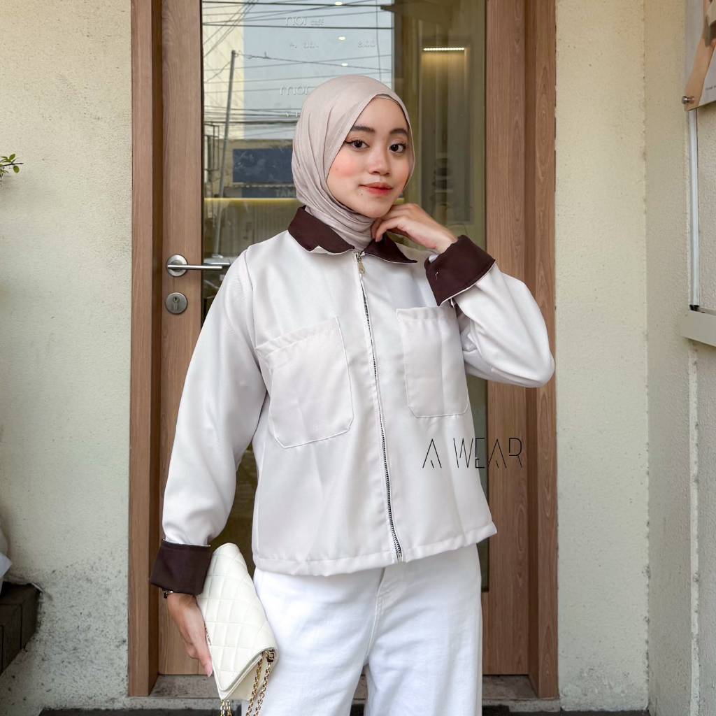 Awear - Masion Jaket Two Tone Atasan Outer Crop Wanita Full…