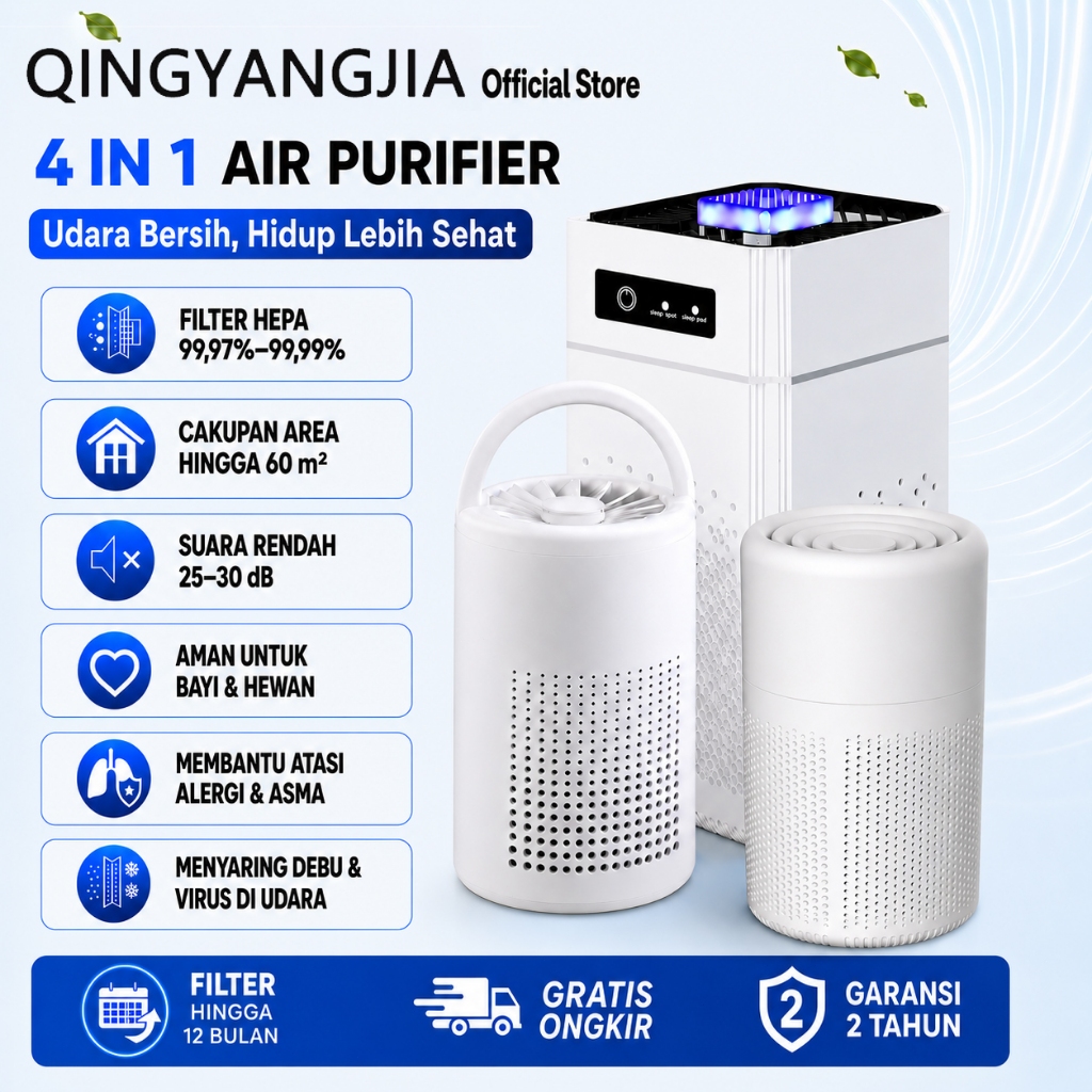 QINGYANGJIA 4IN1 Air Purifier HEPA13 UV‑C Saring Debu PM2.5 Karbon Aktif Touch Screen Kamar Tidur