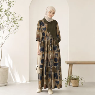 FADFAD Gaun Kemeja Asimetris Motif Geometri Lengan Tiga Perempat Longgar | Gaun muslimah | Dress midi | Outfit harian | Busana kasual | Gaun kekinian | Warna Sesuai Foto | Dress oversized | Pakaian wanita