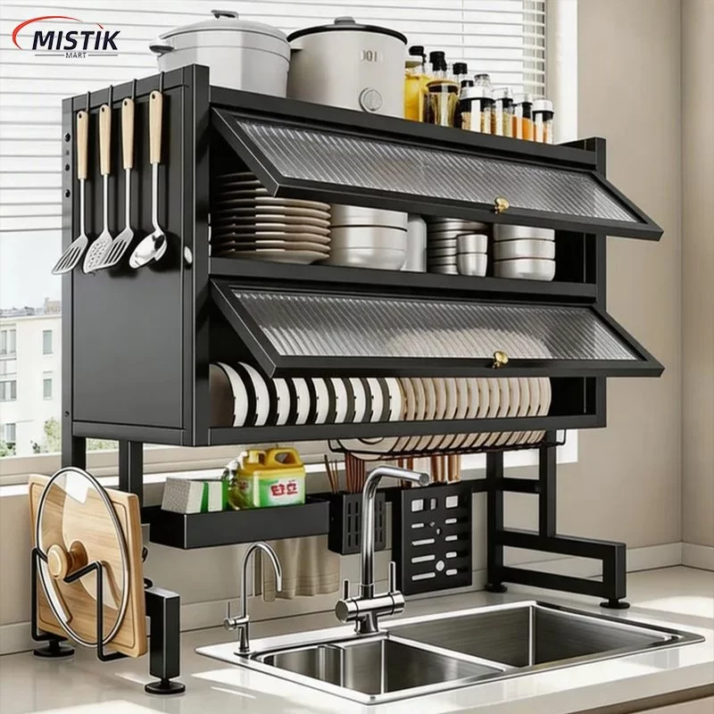 [COD] Rak Piring Wastafel Dapur Stainless Steel Dengan Penutup Multi-fungsi 2 Susun Dengan Aksesoris