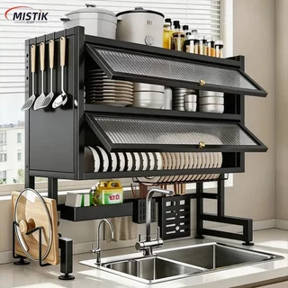 [COD] Rak Piring Wastafel Dapur Stainless Steel Dengan Penutup Multi-fungsi 2 Susun Dengan Aksesoris