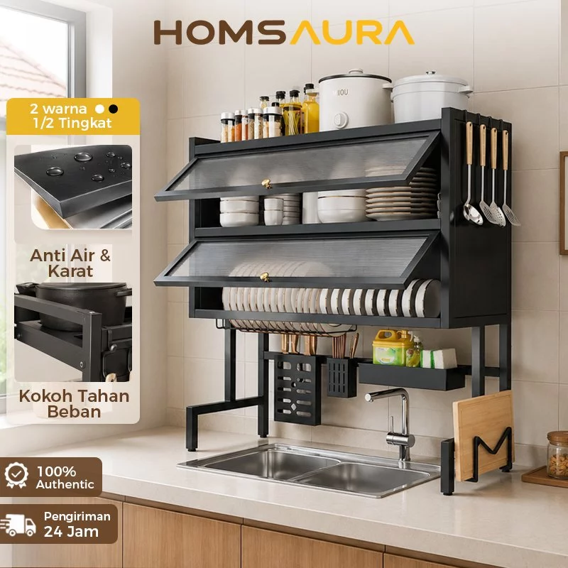Homsaura Rak Piring Wastafel Rak Piring Tertutup 2 Susun Rak Cuci Piring Stainless Anti Karat