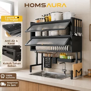 Homsaura Rak Piring Wastafel Rak Piring Tertutup 2 Susun Rak Cuci Piring Stainless Anti Karat