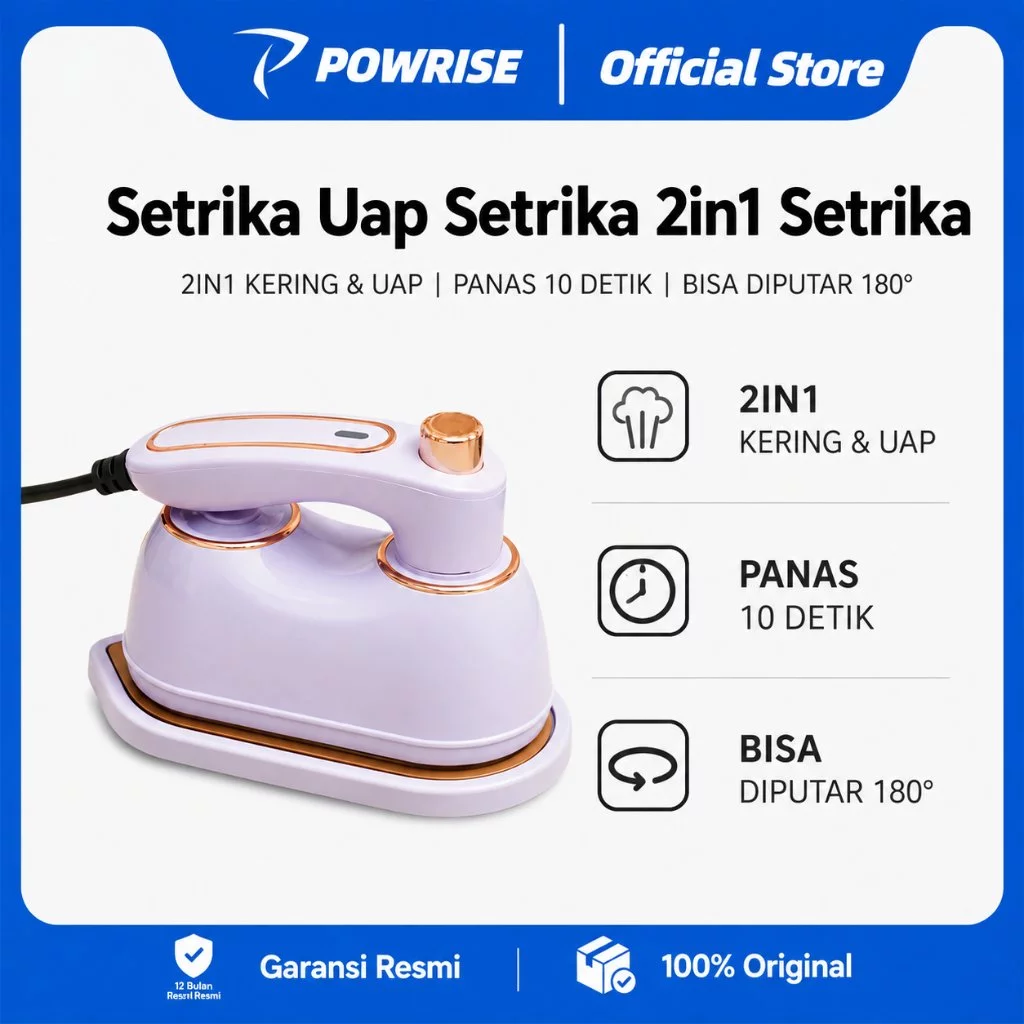 POWRISE Setrika Mini Portable 2IN1 Kering | Setrika Genggam Putar 180° Alas Keramik Travel Hemat Listrik Anak Kos