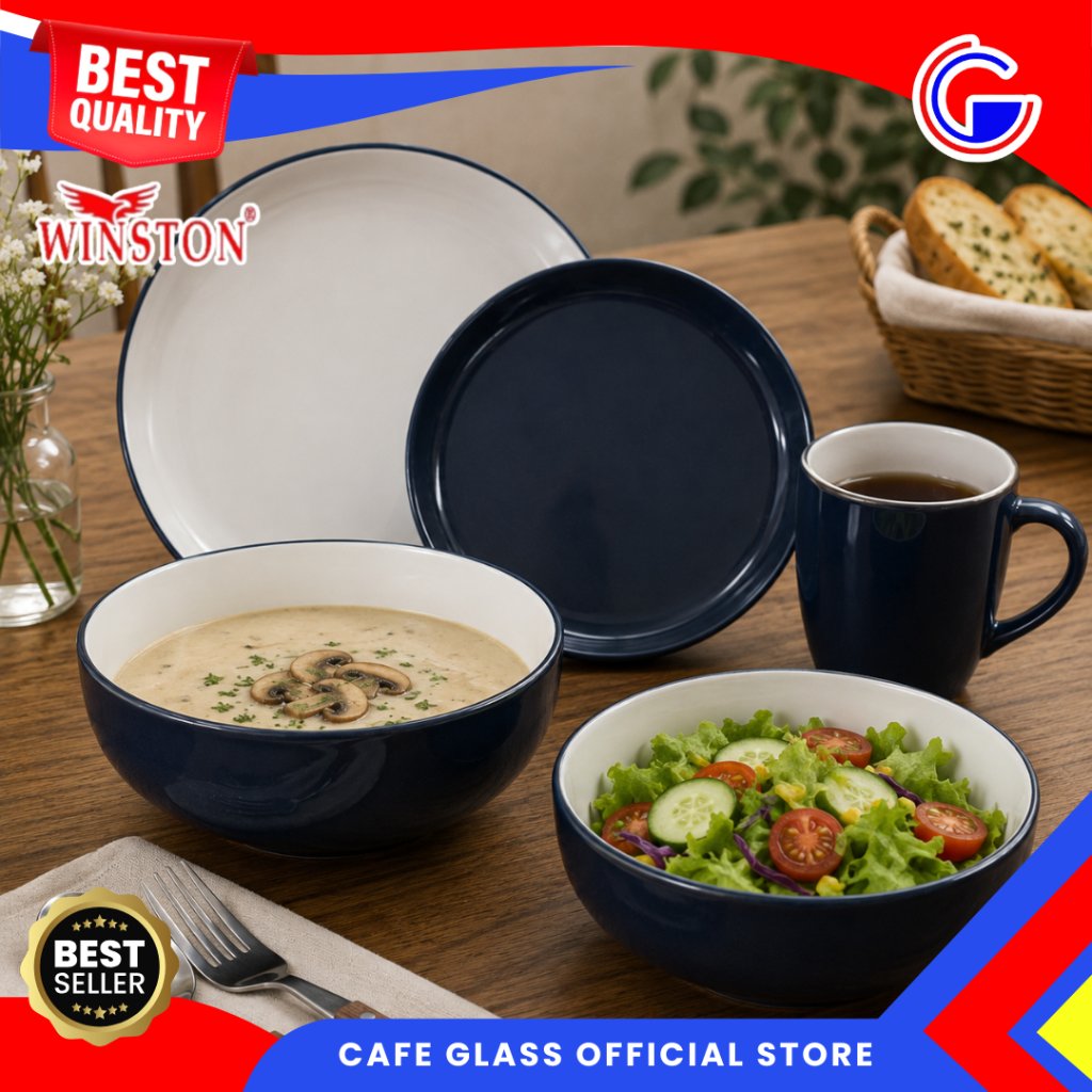 Dinner Set Keramik - Navy Blue Two Tone Ceramic Tableware - Piring Kue/Mangkok/Mug Set Winston