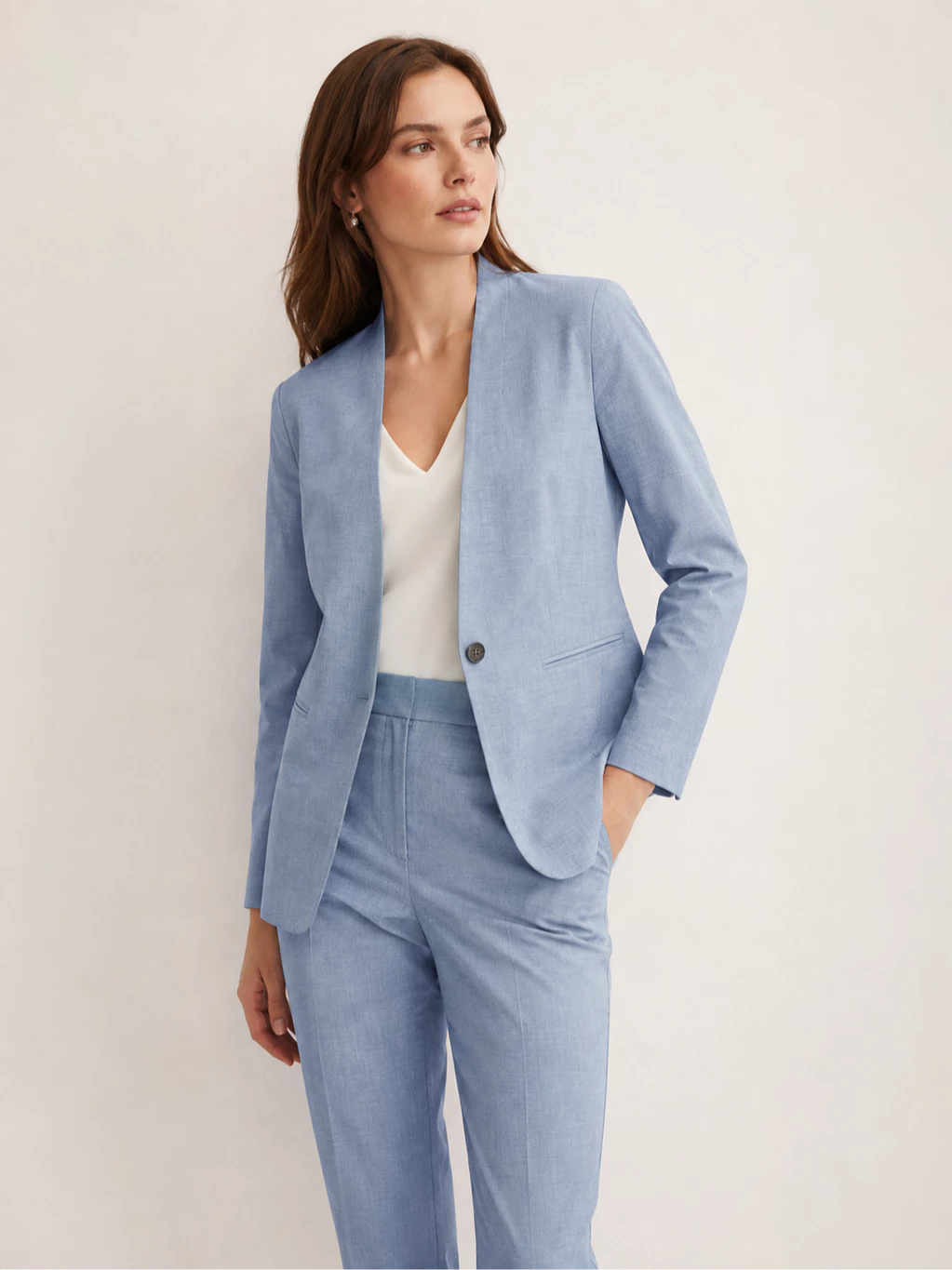 AnnT Women’s Collarless Blazer Light Blue - 3163
