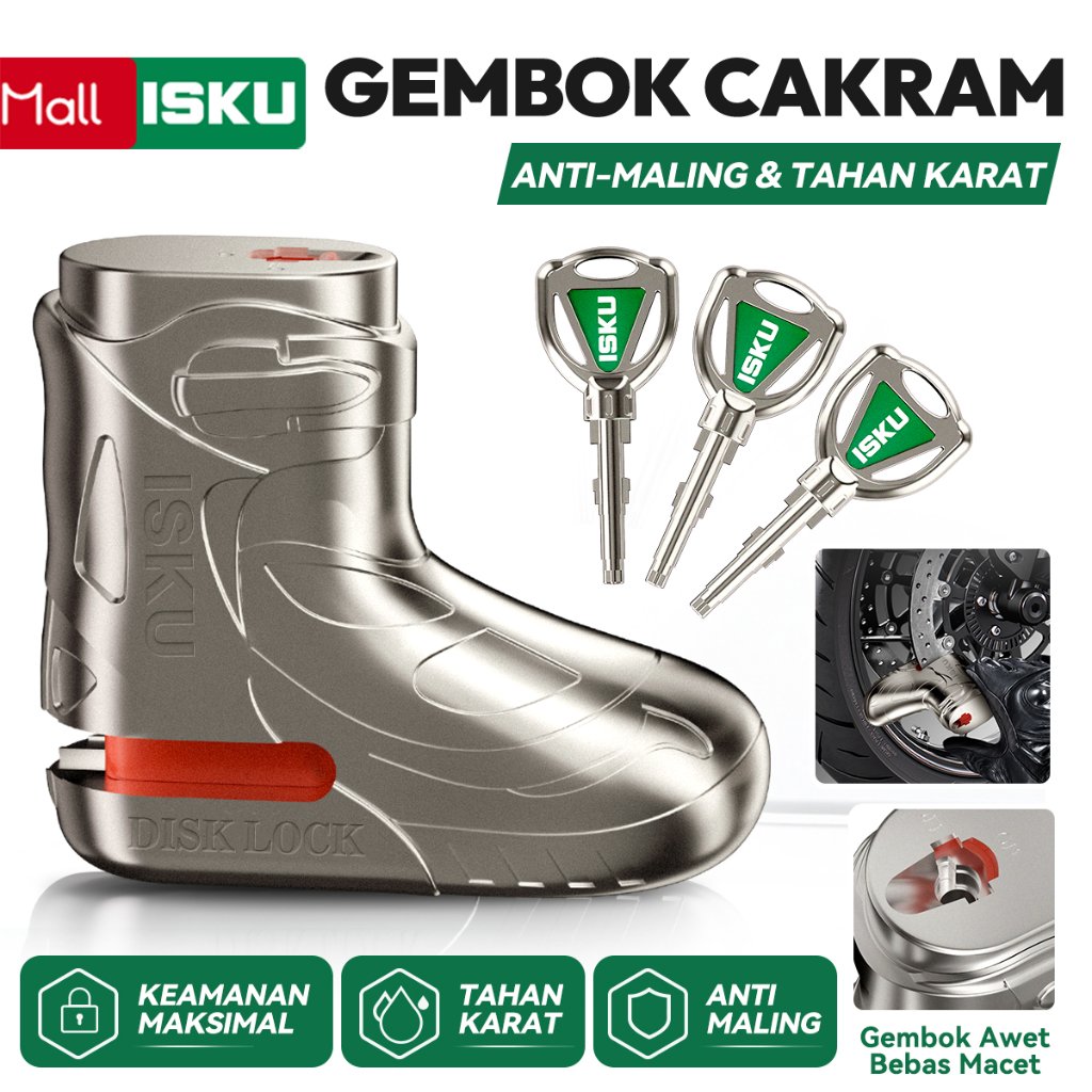 ISKU Gembok Cakram Motor Anti Maling, Kunci Disc Lock Pengaman Rem Motor Universal, Kuat Tahan Karat, Full Metal dengan 3 Kunci