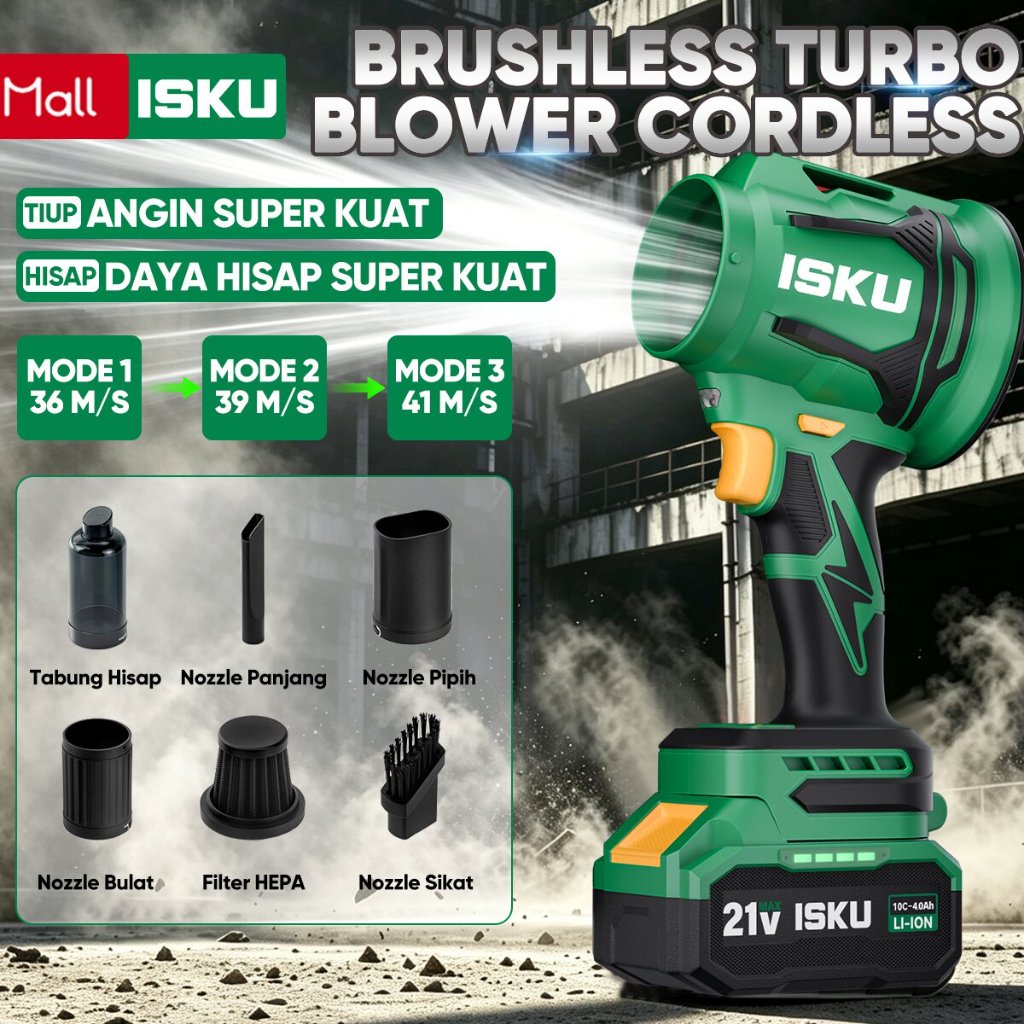 ISKU Blower Cordless 21V Motor Brushless 2in1 Tiup & Hisap Turbo 41M/S Vacuum Multifungsi Pembersih Debu Mobil Interior Daun Taman Bengkel Perkakas