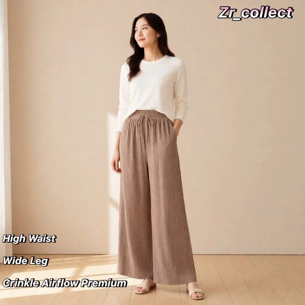 Celana Kulot Hightwaist Crinkle Airflow Premium Jumbo Variasi Saku Dan Tali Serut