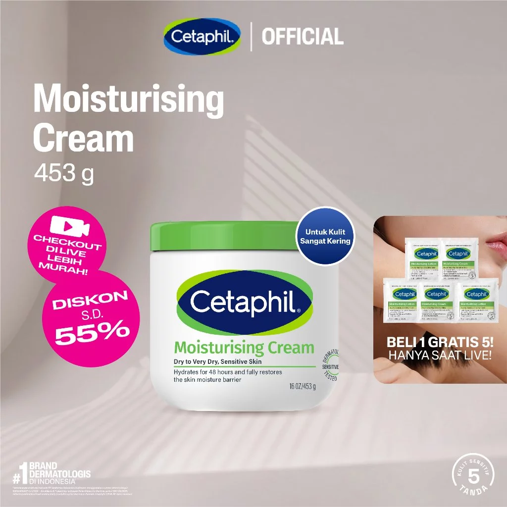 Cetaphil Moisturizing Cream 453g dengan Sunflower Oil, Vitamin E dan Almond Oil Pelembap Wajah & Kulit untuk Kulit Sangat Kering dan Sensitif