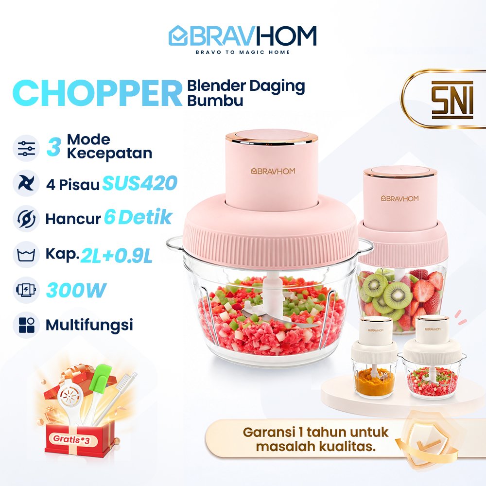 BRAVHOM Chopper Blender Daging SUS420 Blades Penggiling Daging 2L+0.9L Coper Daging dan Bumbu FB06